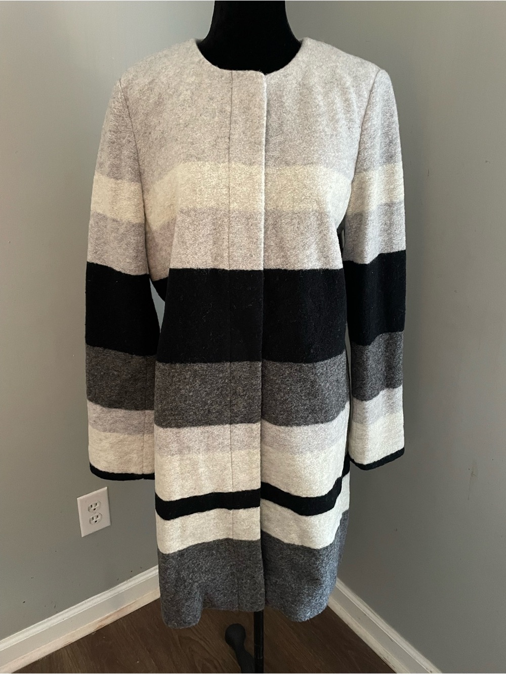 NWT Talbots Wool Blend Striped Long Coat in Black, Gray & Cream